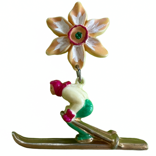 Vintage '40s Skier Celluloid Brooch